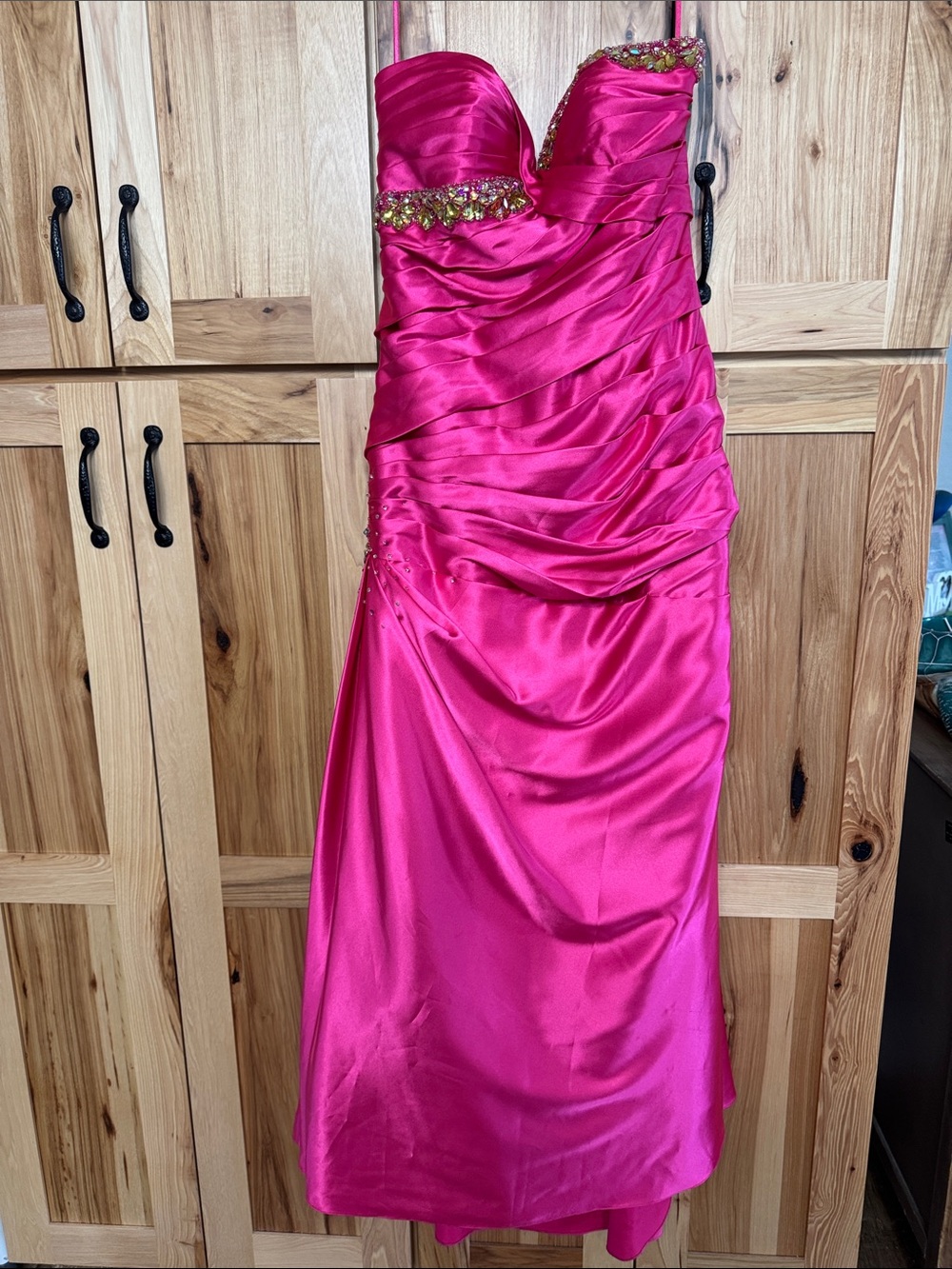 Night Moves Strapless Hot Pink Satin Evening Gown with Beaded Trim